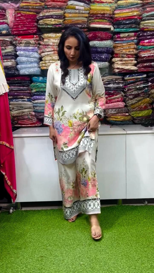 Pure Italian Chinon Silk With Fancy Floral Digital Print Work With Elastic Palazzo Suit