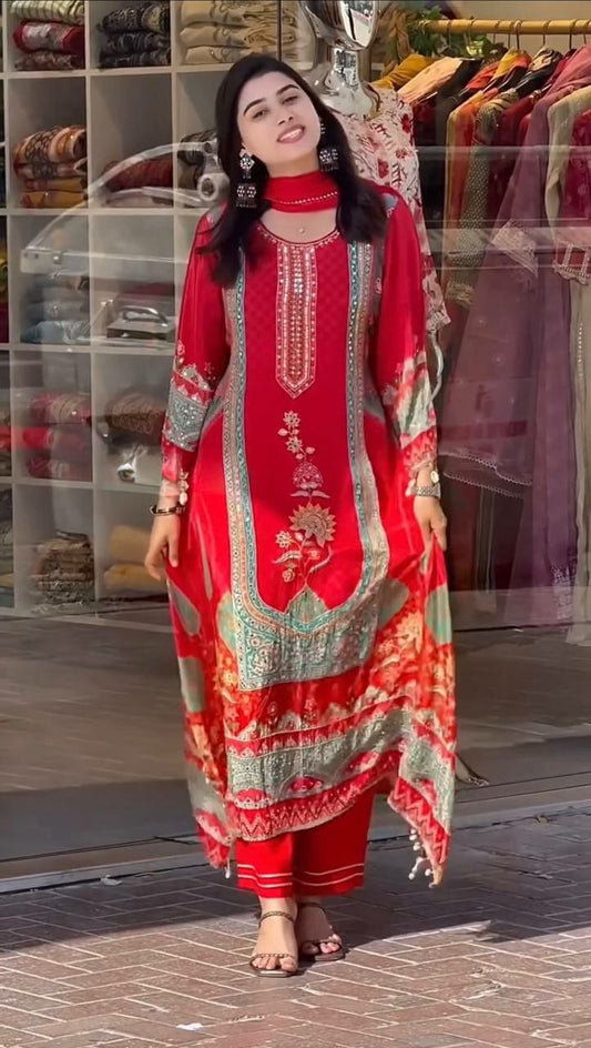 HEAVY FAUX GEORGETTE AND FANCY DIGITAL PRINT WITH REAL MIRROR & FANCY LACE GOTA PATTI LESS PALAZZO DRESS