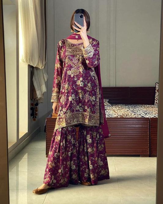 PURE CHINON SILK WITH ATTRACTIVE EMBROIDERY SEQUENCE AND THREAD WORK WITH DIGITAL PRINT WORK SHARARA KURTI