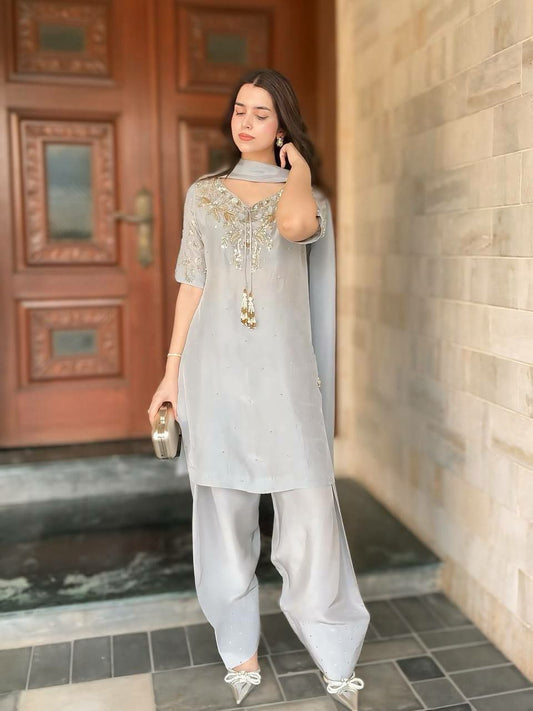 Pure Natural Crepe With Beads Hand Work & Embroidery Sequence Work With Ready made Less Border With Elastic Farshi Palazzo Dress