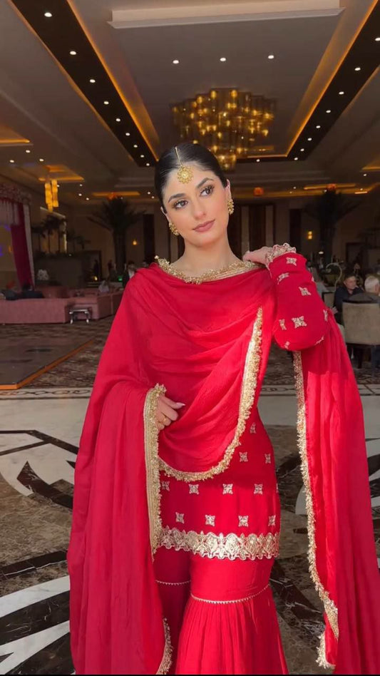 Faux Georgette With Thread With Sequence And 4-Side Lace Border Dupatta Type Sharara Dress
