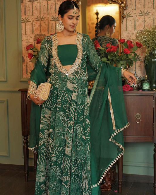 CHINON WITH PRINTED AND REAL MIRROR WORK AND ORGANZA WITH EMBROIDERY WORK AND LACE ON BORDER TOP & PANT