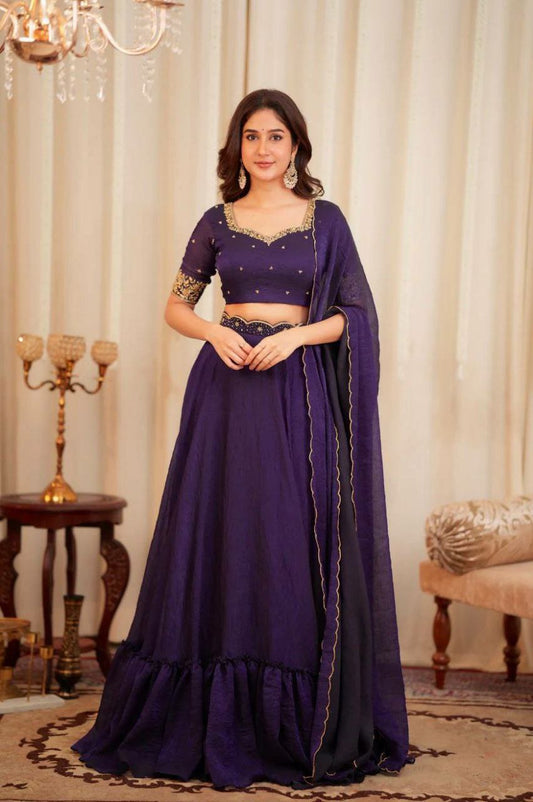 Diamond Crush Silk With Sequins & Dori Work On Waist Plys Flairy Ruffle Border With Chain Stitch Border Work Lehenga Choli