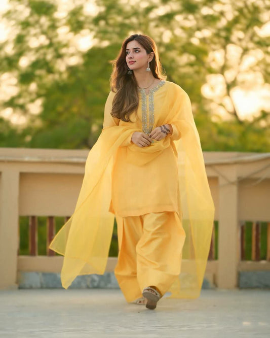 Faux Georgette With Elastic & Embroidery Work With Handwork And Beads Farshi Palazzo Dress