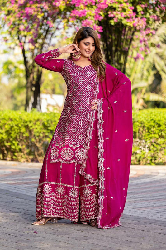 Chinon And Micro Cotton With Heavy Embroidery Thread & Sequence Work Palazzo Kurti