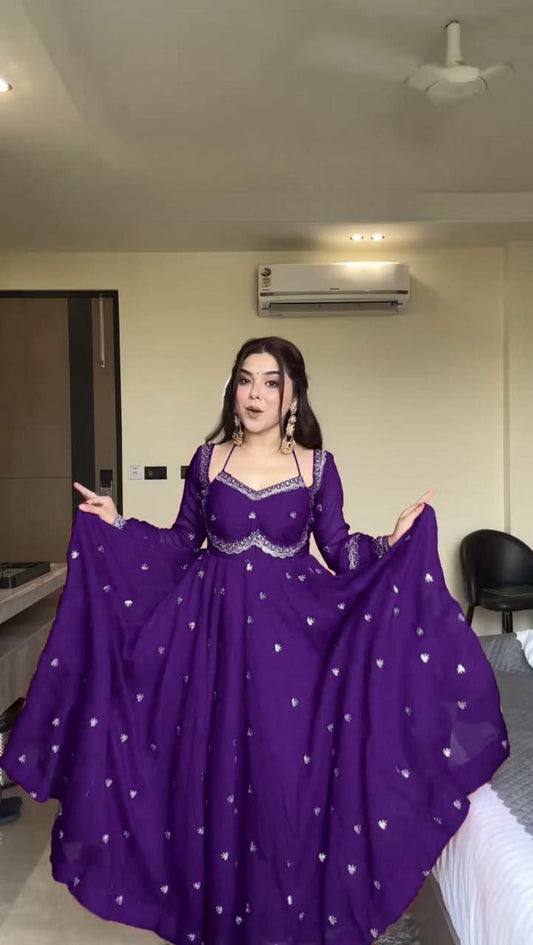 Foux Georgette And Thread With Sequence & 4-Side Lace Broder With Stretchable Elastic Pent Type Anarkali Gown