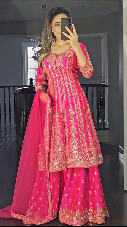 Heavy Malay Satin Silk With Heavy Embroidery Sequence Work And Lace Border Dupatta With Fully Flair Sharara Palazzo Dress