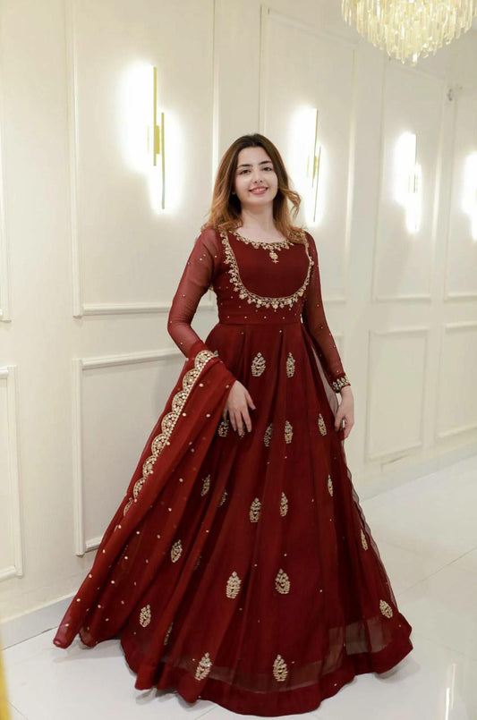 GEORGETTE WITH SEQUENCE EMBROIDERY WORK ON BORDER DUPATTA TYPE GOWN