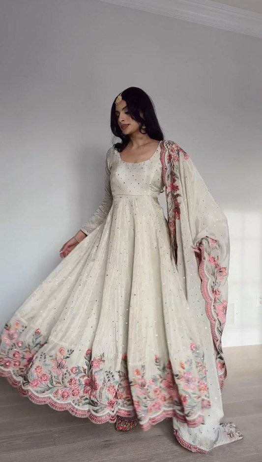 Chinon Silk And Micro Inner Thread With Sequence With Mukesh Work With Elastic Pent Type Gown