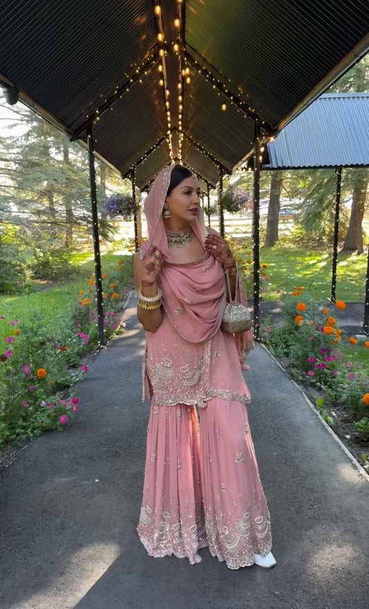 Heavy Faux Georgette With Heavy Embroidery Sequence Work With Rivet Moti Work & Cutwork Dupatta With Elastic Sharara Palazzo Dress