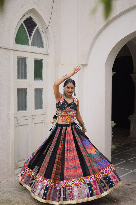 Georgette Print And Attractive Combination Of Gamthi Embroidered & Embellished Work With Kutchi Gamthi Work Lehenga Choli