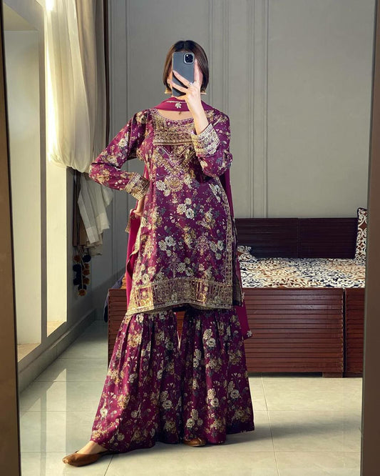 PURE CHINON SILK WITH ATTRACTIVE EMBROIDERY SEQUENCE AND THREAD WORK WITH DIGITAL PRINT WORK SHARARA KURTI