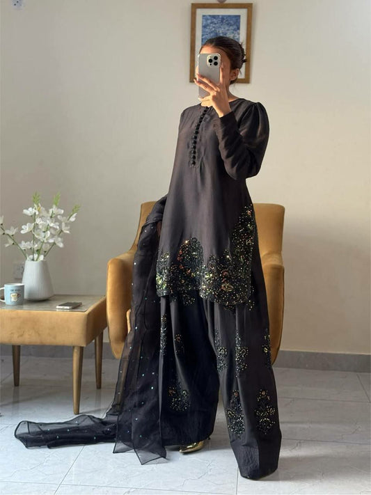 Pure Natural Crepe Silk With Heavy Micro Cotton And Embroidery Sequence Work With Elastic Farshi Palazzo Dress
