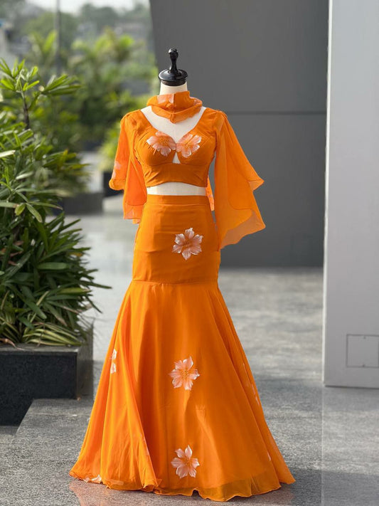 Georgette With Hand Paint Work & Fish Cut Lehenga With Adjustable Waist Elastic And Dori Lehenga Choli