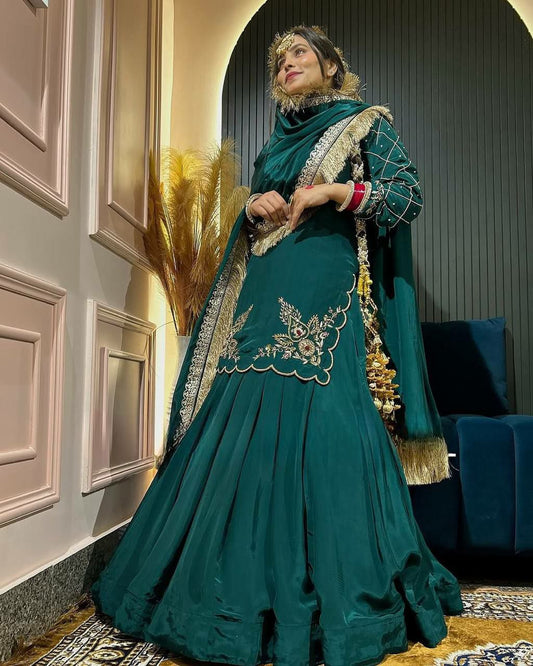 Natural Crepe Silk And Bids Hand Work With Sequence Multi Needle Embroidery Work And Zari Work Top & Lehenga