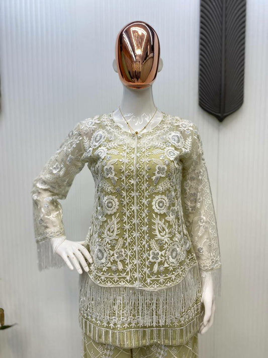 NET FABRIC WITH SEQUENCE EMBROIDERY WORK & MICRO WITH NET EMBROIDERED BELT PLAZZO