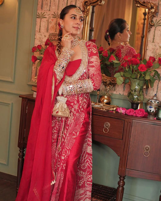 CHINON WITH PRINTED AND REAL MIRROR WORK AND ORGANZA WITH EMBROIDERY WORK AND LACE ON BORDER TOP & PANT
