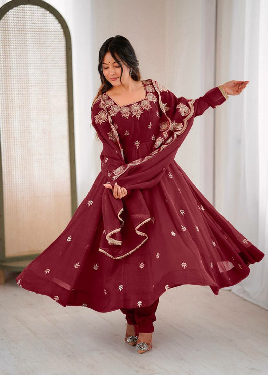 Crunchy Silk With Heavy Micro Cotton And Embroidery Sequence Work Gown