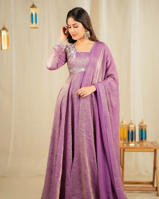 Ready To Wear Heavy Gold crush Silk Rivet Moti Work With Full Sleeves Gown