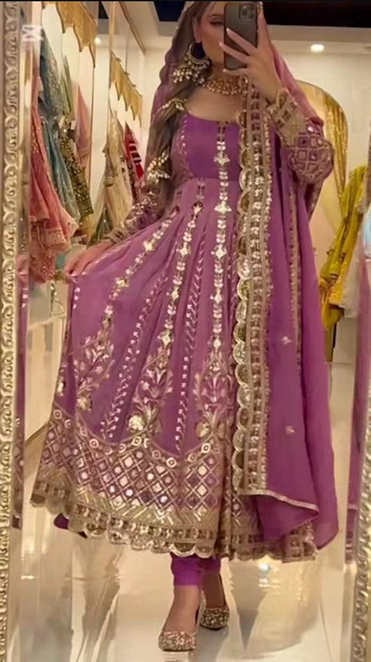 Heavy Chinnon Silk Material With Micro Cotton & Sequence And Embroidery Work Anarkali Gown
