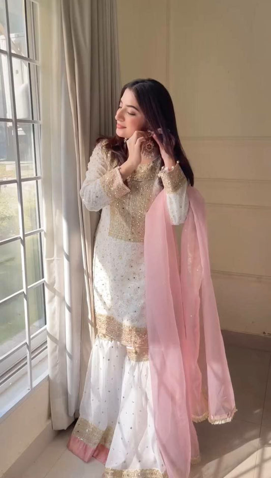 HEAVY FAUX GEORGETTE WITH ATTRACTIVE & BEUTYFUL EMBROIDERY SEQUENCE AND THREAD WORK WITH TAPETA BELT AT BORDER SHARARA KURTI