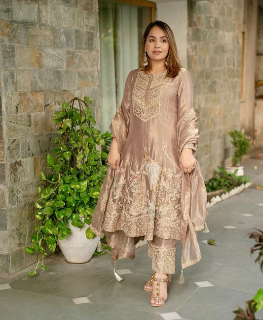 Fandy Silk With Micro Cotton And Heavy Embroidery Sequence Work With Four Side Lace Border Dupatta Type Dress