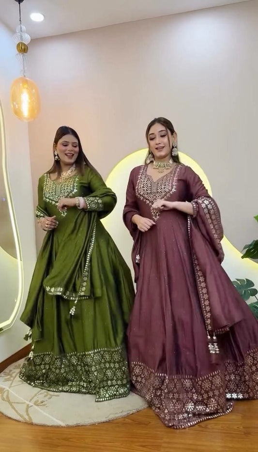 Roman Simmer Silk With Embroidery Sequence Work & Fency Less Border Dupatta Type Gown