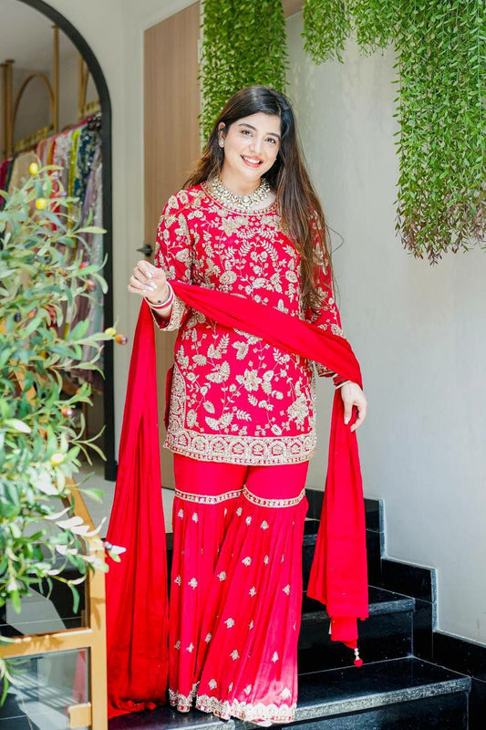Heavy Faux Georgette With Embroidery Sequence Work With Beads Work Dupatta Type Palazzo Dress