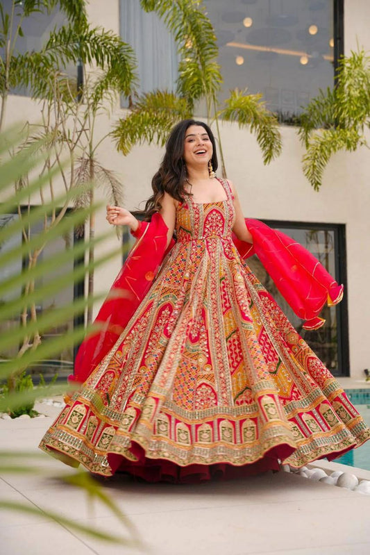 Digital Printed Jimmy Organza Silk Suit With Huge Flair & Stylish Organza Dupatta With Lace Border And Jaipuri Hand Crafted Chakkar Anarkali Gown