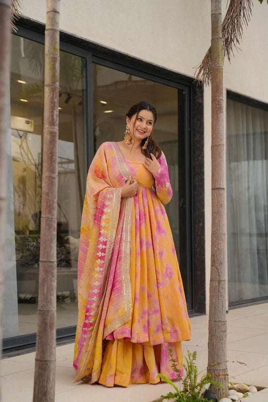 Vichitra Silk With Embroidery Coding-Sequence And Beautiful Digital Print With Full Flair With Elastic Palazzo Dress