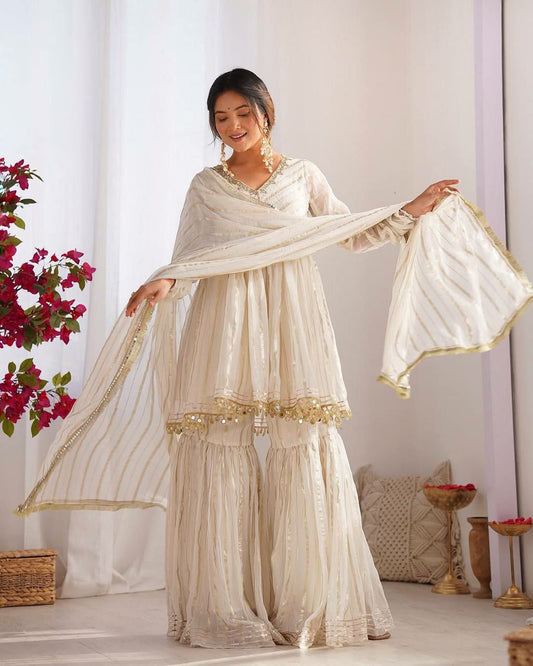 Mal Chanderi With Real Mirror & Handwork With Full Flair Sharara Palazzo Dress