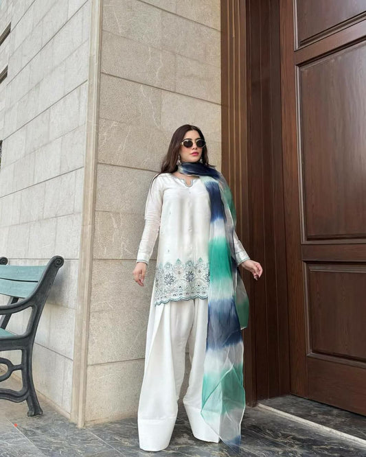 ROMAN SILK WITH SEQUENCE EMBROIDERY AND SILVER SIFFON WITH PRINTED WORK DUPATTA TOP & SALWAAR SUIT