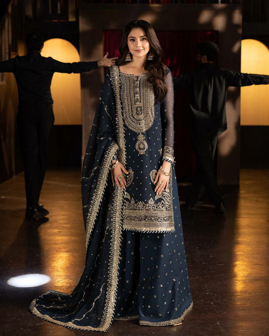 Heavy Faux Georgette With Heavy Embroidery Sequence Work And Side Lace Border Sharara Dress
