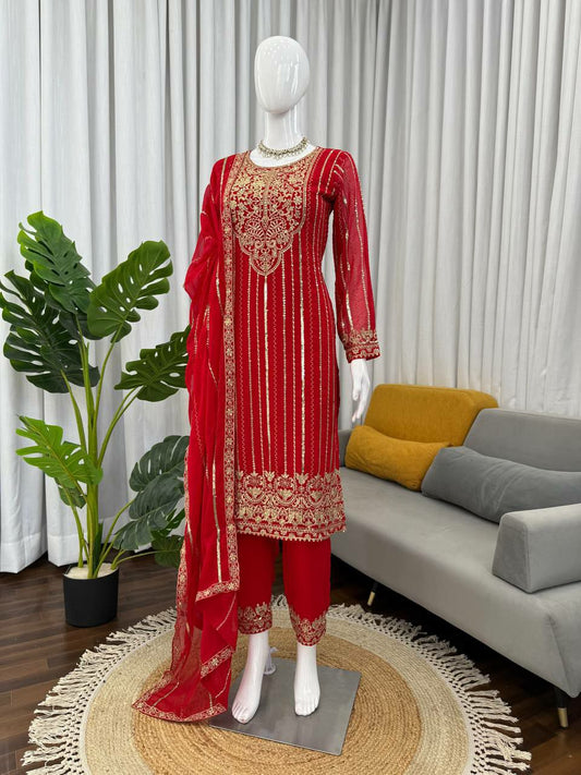 Faux Georgette With Thread With Sequence And 4-Side Lace Border Dupatta Type Dress