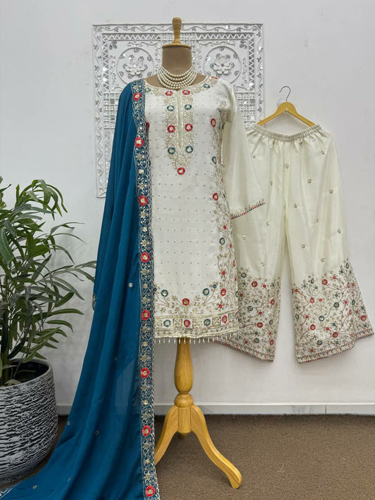 Pure Chinon Silk With Fancy Heavy Embroidery Sequence And Thread Work With Stone Hand Work Palazzo Suit