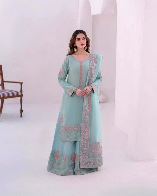 HEAVY ROMAN SILK WITH HEAVY EMBROIDERED WORK PALAZZO DRESS