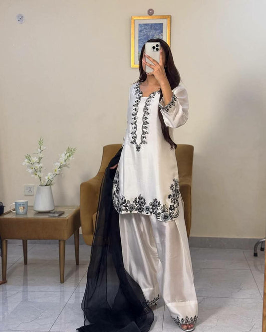 Pure Natural Crepe With Beads Hand Work & Embroidery Sequence Work With Readymade Less Border With Patta Farshi Palazzo Dress