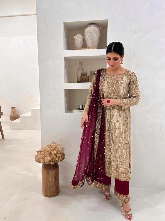 HEAVY TWO TONE FRAADY SILK WITH ATTRACTIVE & BEUTYFUL EMBROIDERY SEQUENCE WORK CONTRAST PALAZZO KURTI