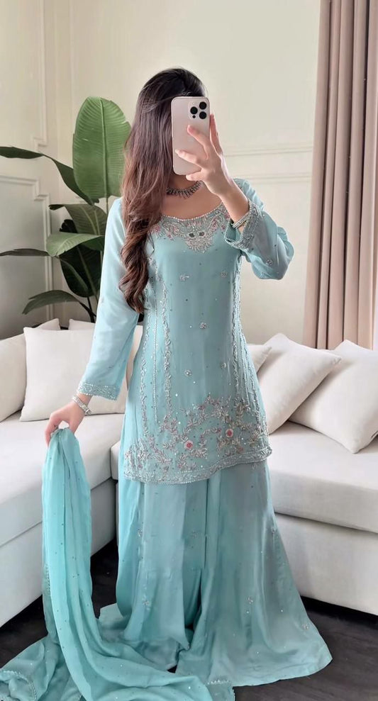 HEAVY FAUX GEORGETTE WITH BEAUTIFUL EMBROIDERY SEQUENCE AND THREAD WORK PALAZZO KURTI