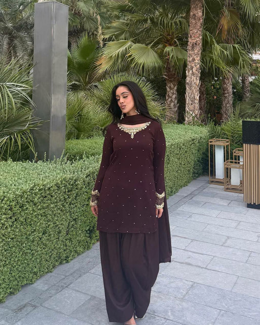 Heavy Faux Georgette With Heavy Micro Cotton And Embroidery Sequence Work With Elastic Farshi Palazzo Dress