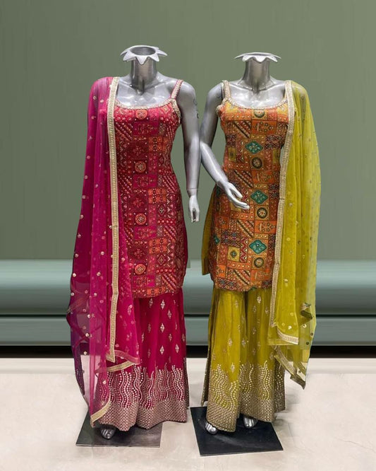Pure Chinon Silk With Fancy Digital Print & Real Mirror And Stone Hand Work With Elastic Palazzo Dress