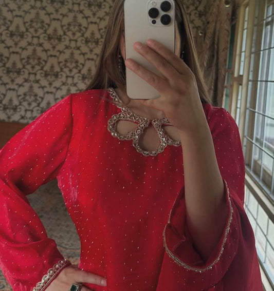HEAVY ZIMIY CHU SILK WITH HEAVY EMBROIDERY WORK AND HOT FIX WORK WITH ELASTIC PALAZZO DRESS