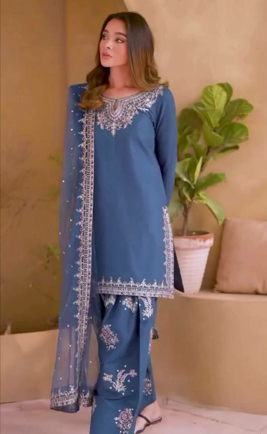 Pure Natural Crepe And Embroidery Sequence Work With Elastic And Less Border Dupatta Type Farshi Palazzo Dress