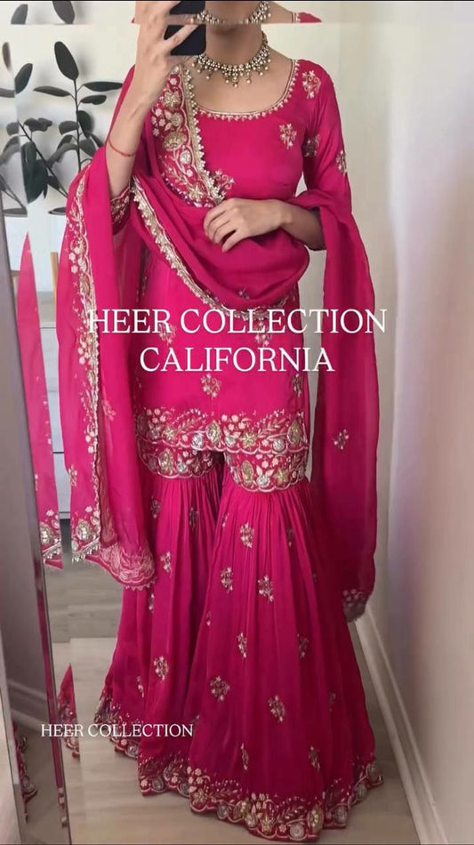 Heavy Faux Georgette With Heavy Embroidery Sequence Work & Latkan Dori With Fully Flair Sharara Palazzo Dress