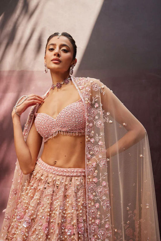 Georgette With Thread , Dori , Sequins & Pearl Beads Work With Tassels Border Blouse Type Lehenga Choli
