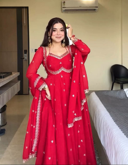 Heavy Faux Georgette With Heavy Embroidery And Sequance Work With Elastic Bottom Gown