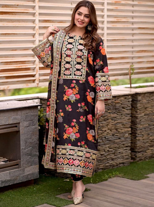 Heavy Chinon Silk With Digital Print & Organza Embroidery Sequence Patch Work With Elastic Bottom Dress