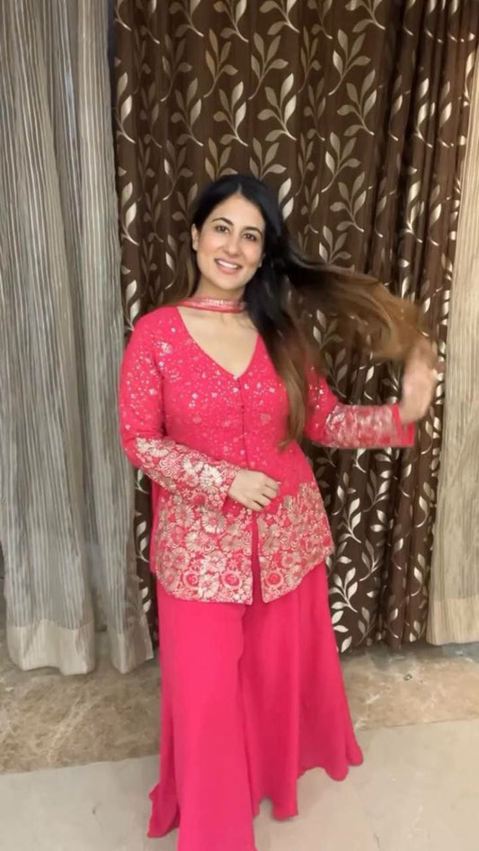GEORGETTE SEQUENCE EMBROIDERY FULLSTITCHED PLAZZO DRESS FOR WOMEN