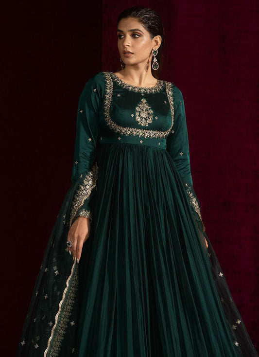 Japan Satin With Soft Micro Cotton And Thread With Sequence & 4-Side Lace Border Dupatta Type Anarkali Gown