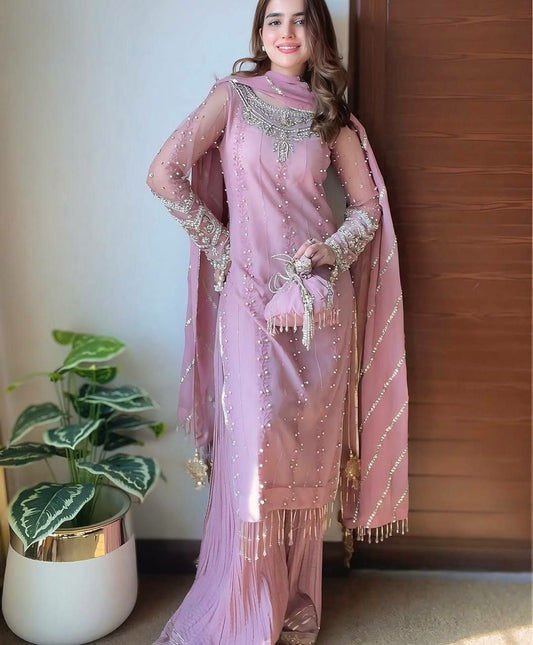 Heavy Faux Georgette And Heavy Embroidery Sequence Work With Rivet Moti Work And Fancy Latkan Border With Elastic Palazzo Dress